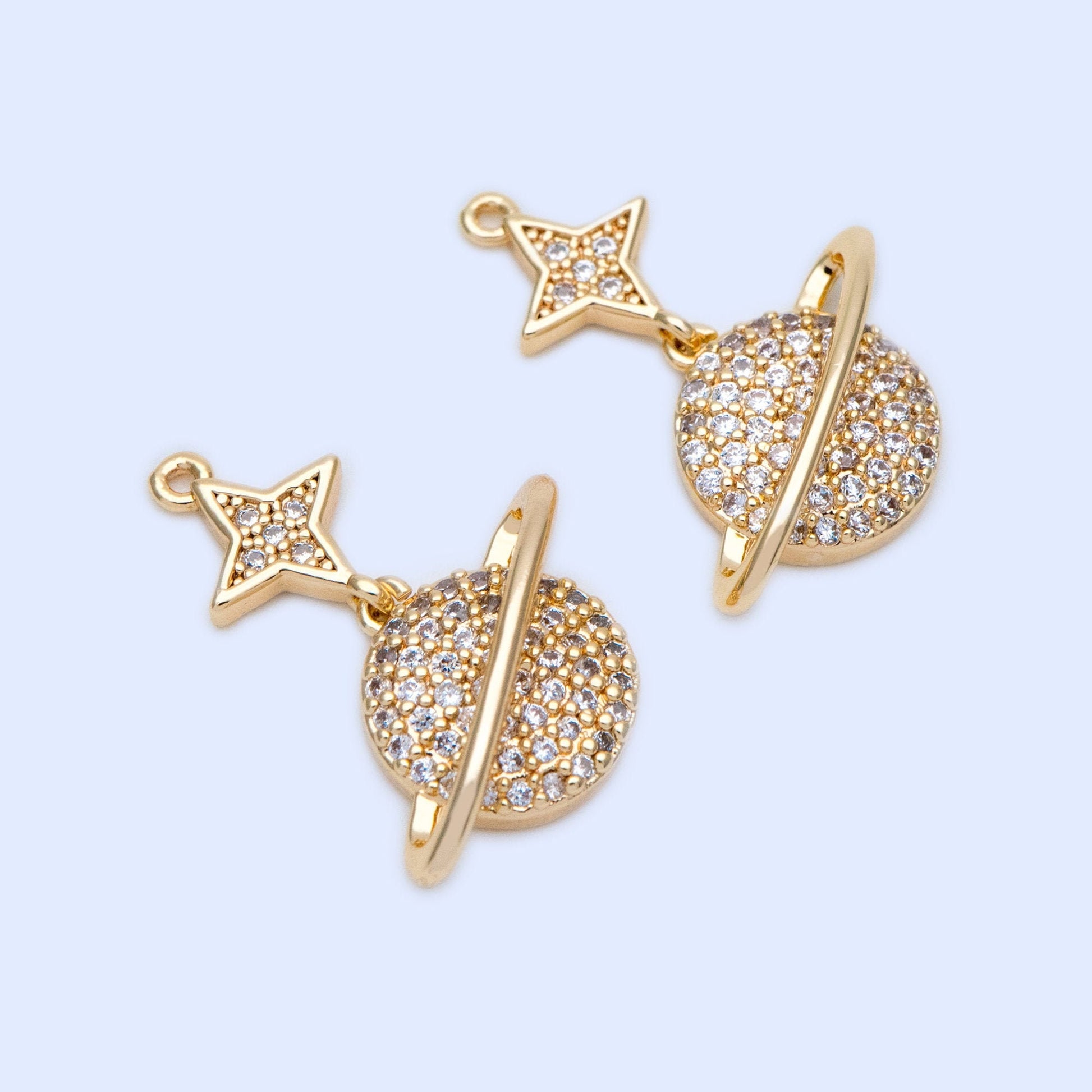 4pcs CZ Pave Gold Star and Saturn Charms 23x18mm, 18K Gold plated Brass, Saturn Pendants (GB-1173-B)