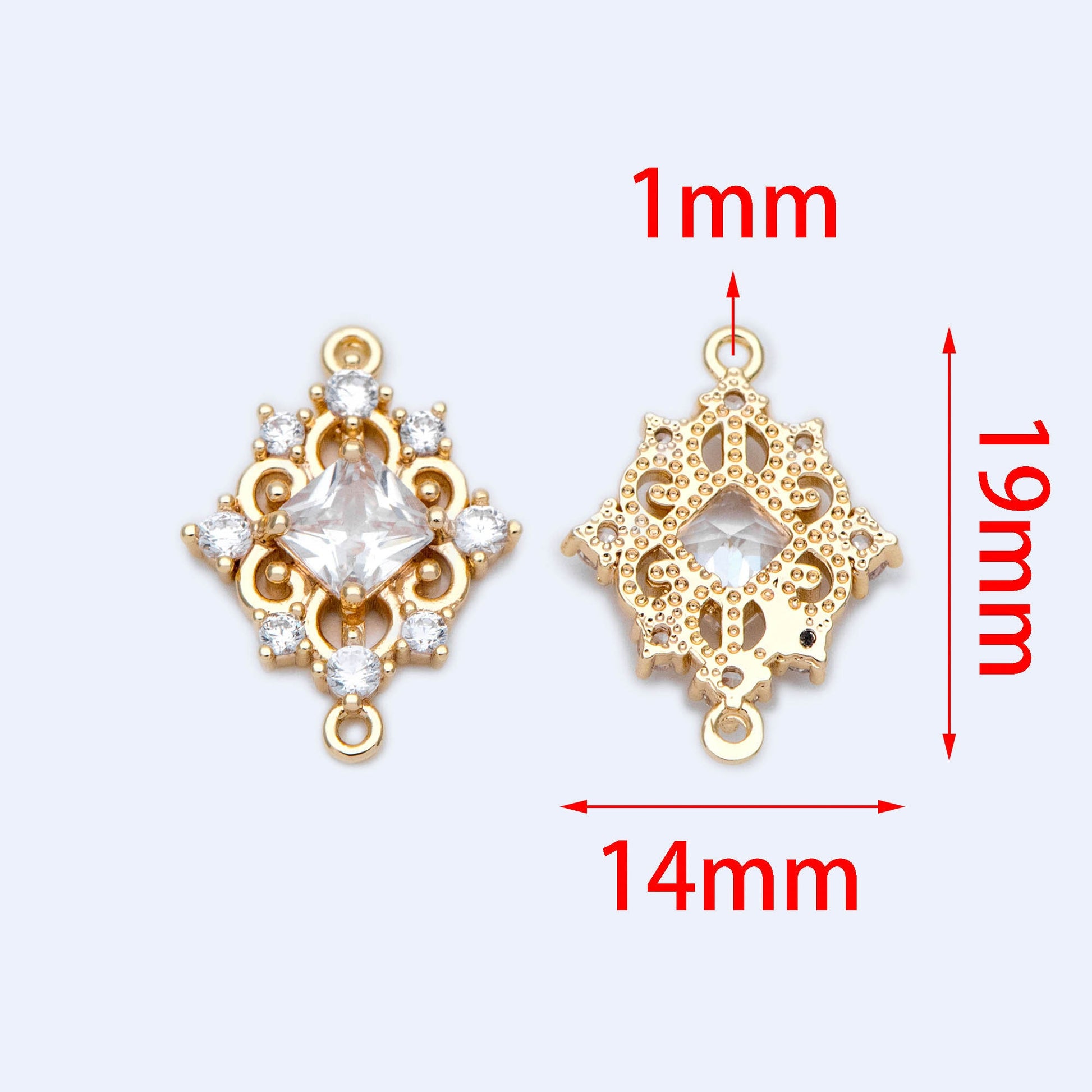 10pcs CZ Pave Gold Rhombus Connector 19x14mm,Victorian Style Earring Pendant, Rhombus Charm (GB-1196-1)