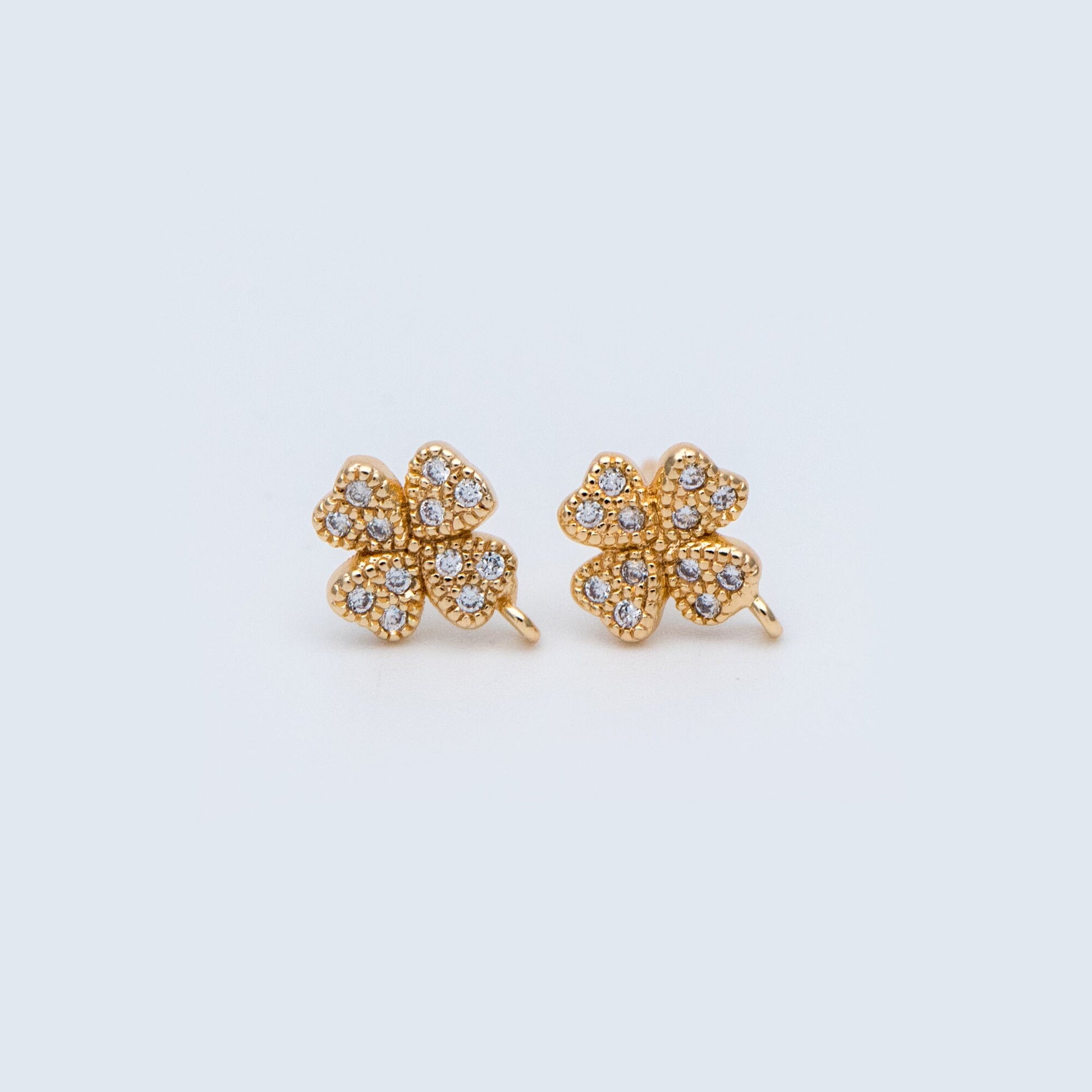 10pcs CZ Pave Gold Clover Ear Posts 9x7mm, Gold Plated Brass Stud Earrings, DIY Ear Findings (GB-768)