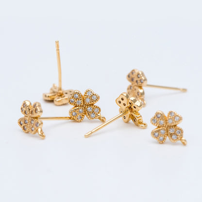 10pcs CZ Pave Gold Clover Ear Posts 9x7mm, Gold Plated Brass Stud Earrings, DIY Ear Findings (GB-768)