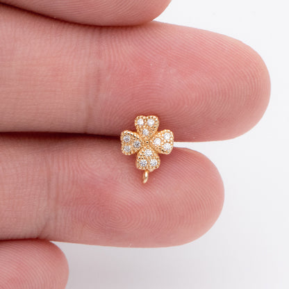 10pcs CZ Pave Gold Clover Ear Posts 9x7mm, Gold Plated Brass Stud Earrings, DIY Ear Findings (GB-768)