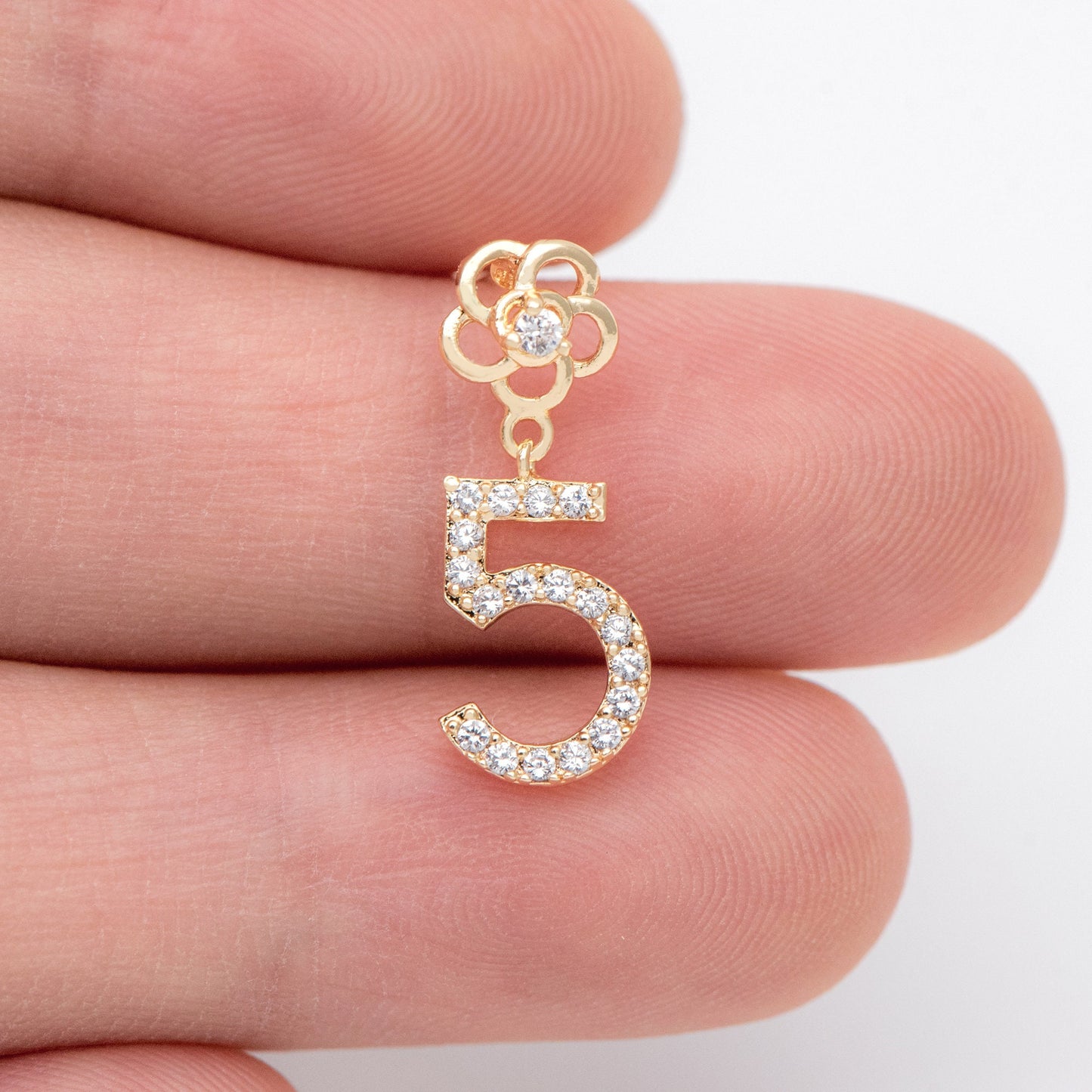 4pcs CZ Pave Flower And Five Charms Ear Posts 20x8mm, Real Gold Plated Brass Stud Earrings (#GB-1123)