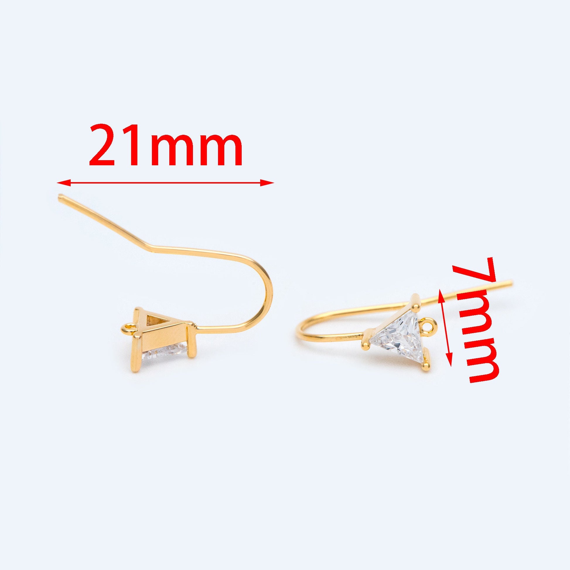 10pcs Gold CZ Pave Triangle Earring Hooks: 18K Gold Plated Brass Earwires, 21mm (GB-1125-E)