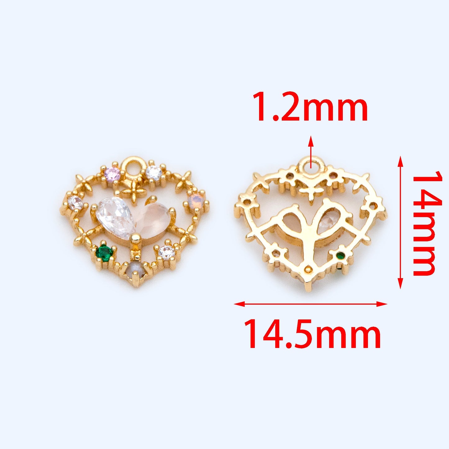 4pcs CZ pave Gold Heart Pendants 14.5x14mm, 18K Gold plated Brass, Rhinestone Heart Charms (GB-2782-I)