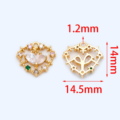 4pcs CZ pave Gold Heart Pendants 14.5x14mm, 18K Gold plated Brass, Rhinestone Heart Charms (GB-2782-I)