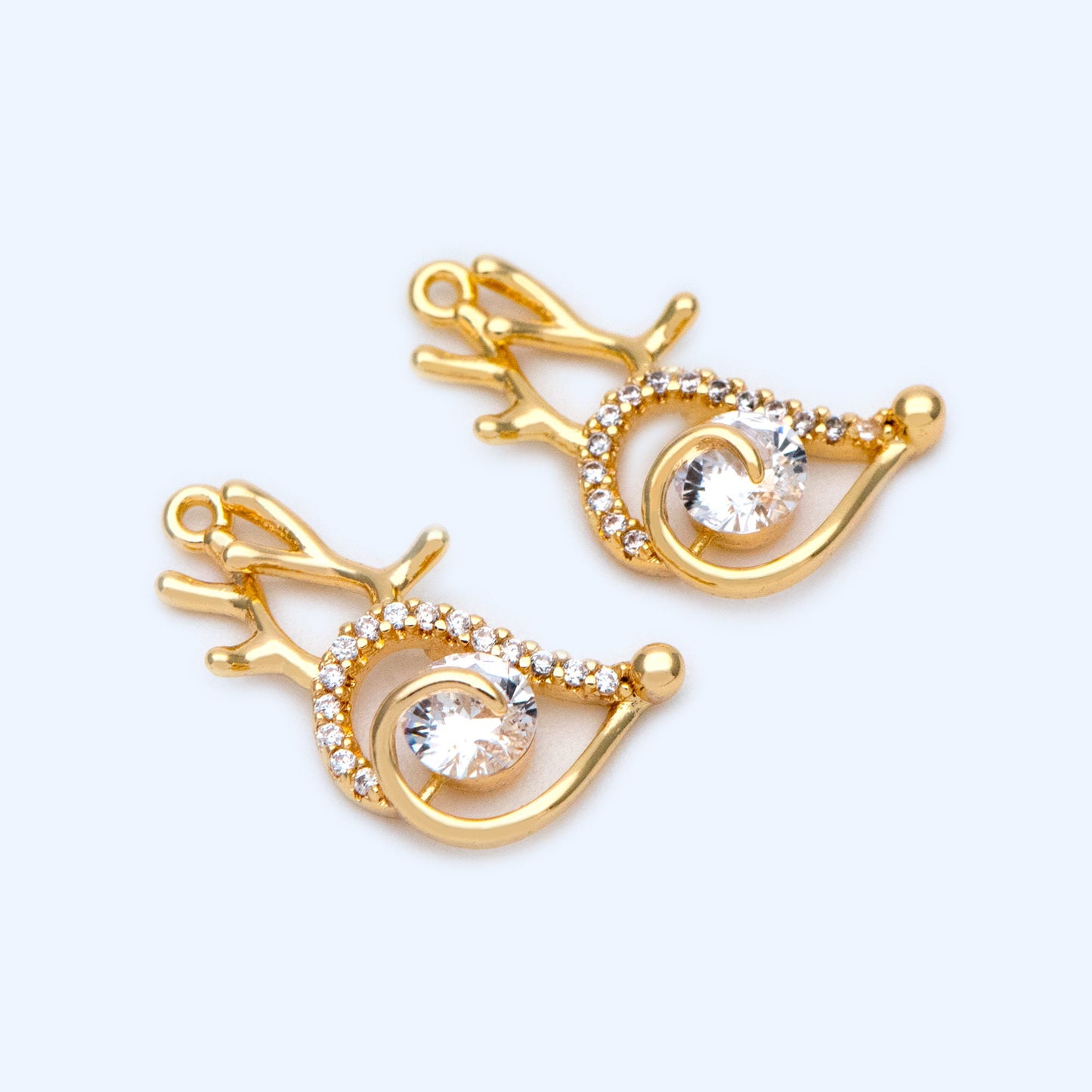 4pcs CZ Pave Gold Buck horn Pendants 15x11mm, Real 18K Gold plated Brass, Deer Horn Antlers Charms (GB-2517-G)