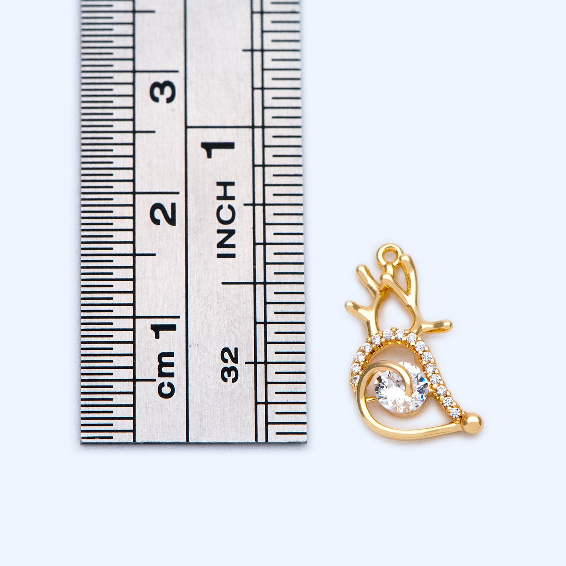 4pcs CZ Pave Gold Buck horn Pendants 15x11mm, Real 18K Gold plated Brass, Deer Horn Antlers Charms (GB-2517-G)