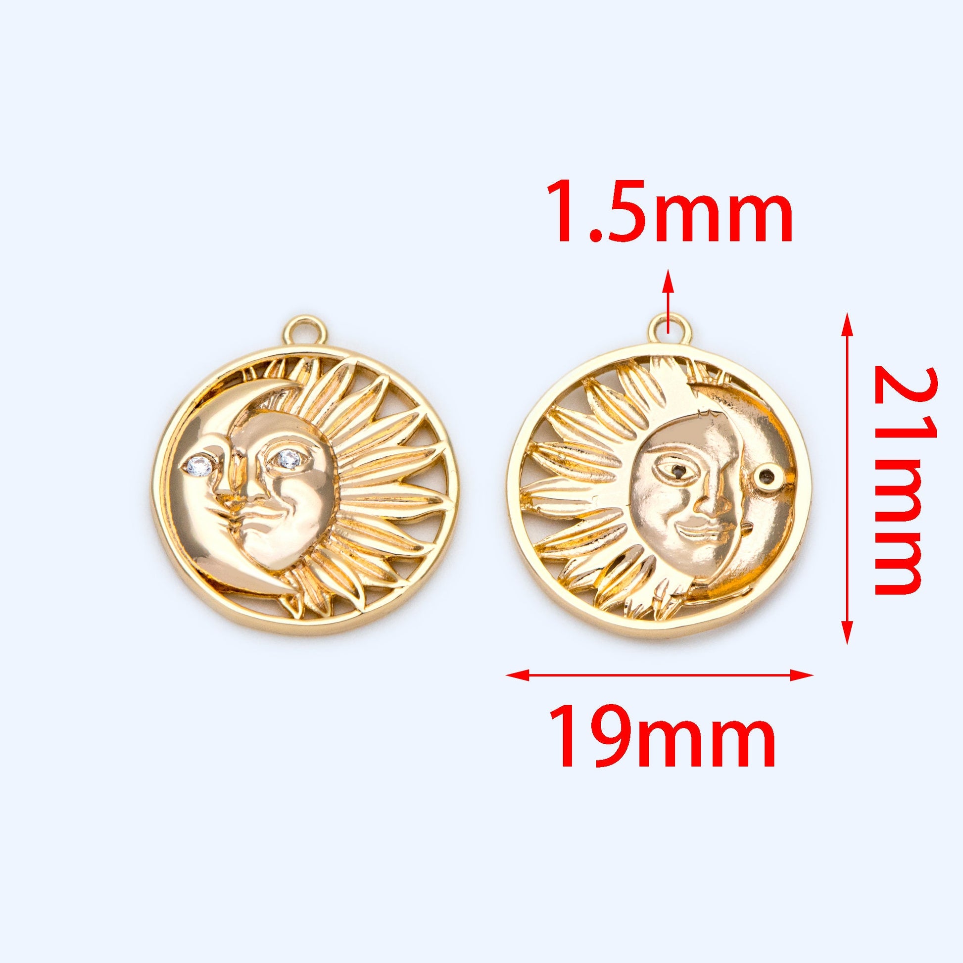 4pcs Sun and Moon Charms 21x19mm, 18K Gold plated Brass, CZ pave Sun Pendants (GB-2991-A)