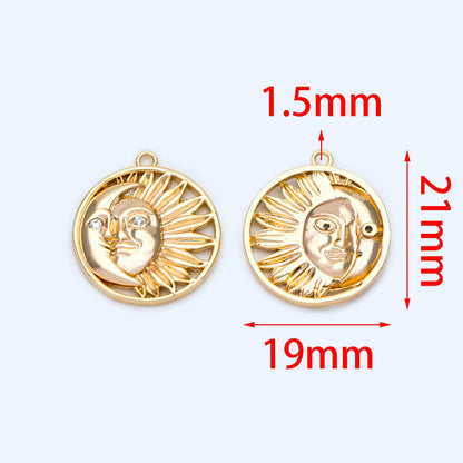 4pcs Sun and Moon Charms 21x19mm, 18K Gold plated Brass, CZ pave Sun Pendants (GB-2991-A)