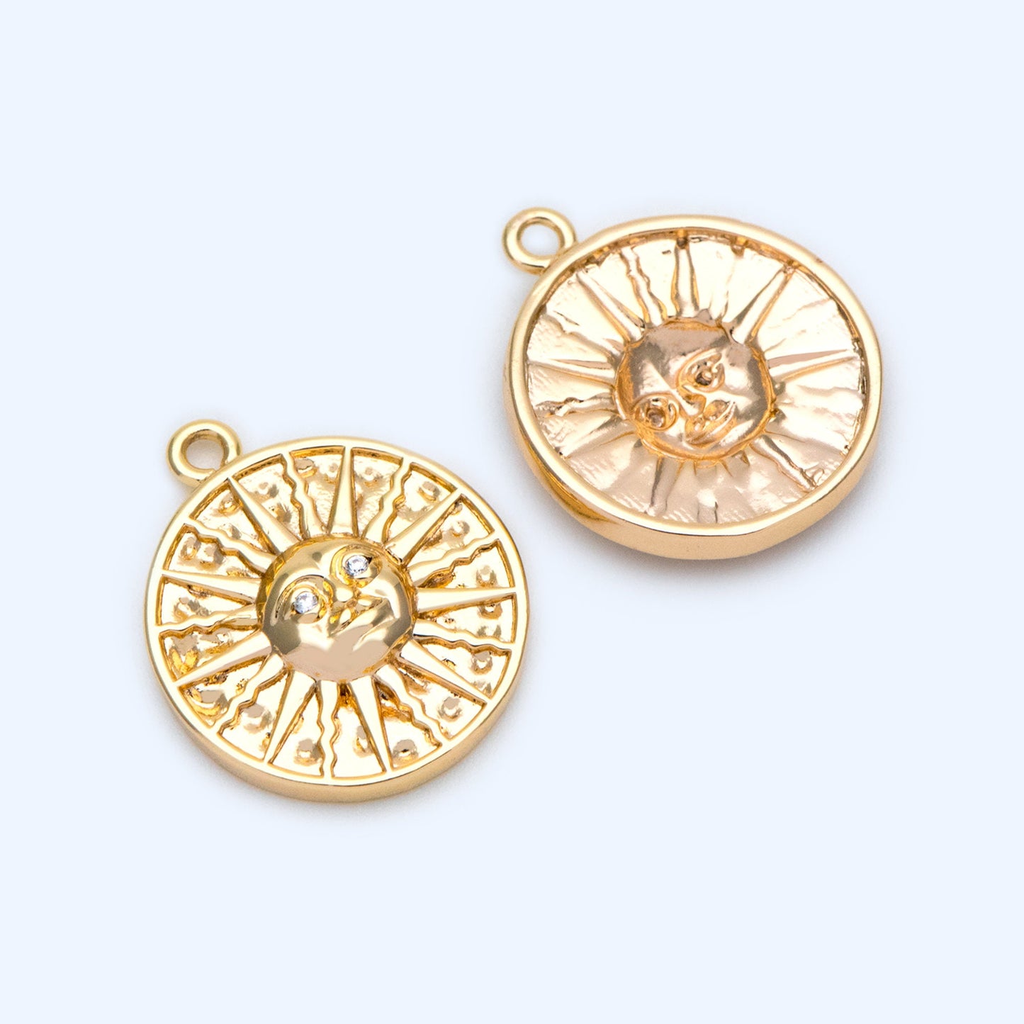 4pcs Gold Sun Disk Charms 22x18.5mm, 18K Gold plated Brass, CZ pave Sun Disc Pendants (GB-1232-B)