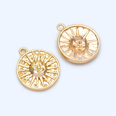 4pcs Gold Sun Disk Charms 22x18.5mm, 18K Gold plated Brass, CZ pave Sun Disc Pendants (GB-1232-B)