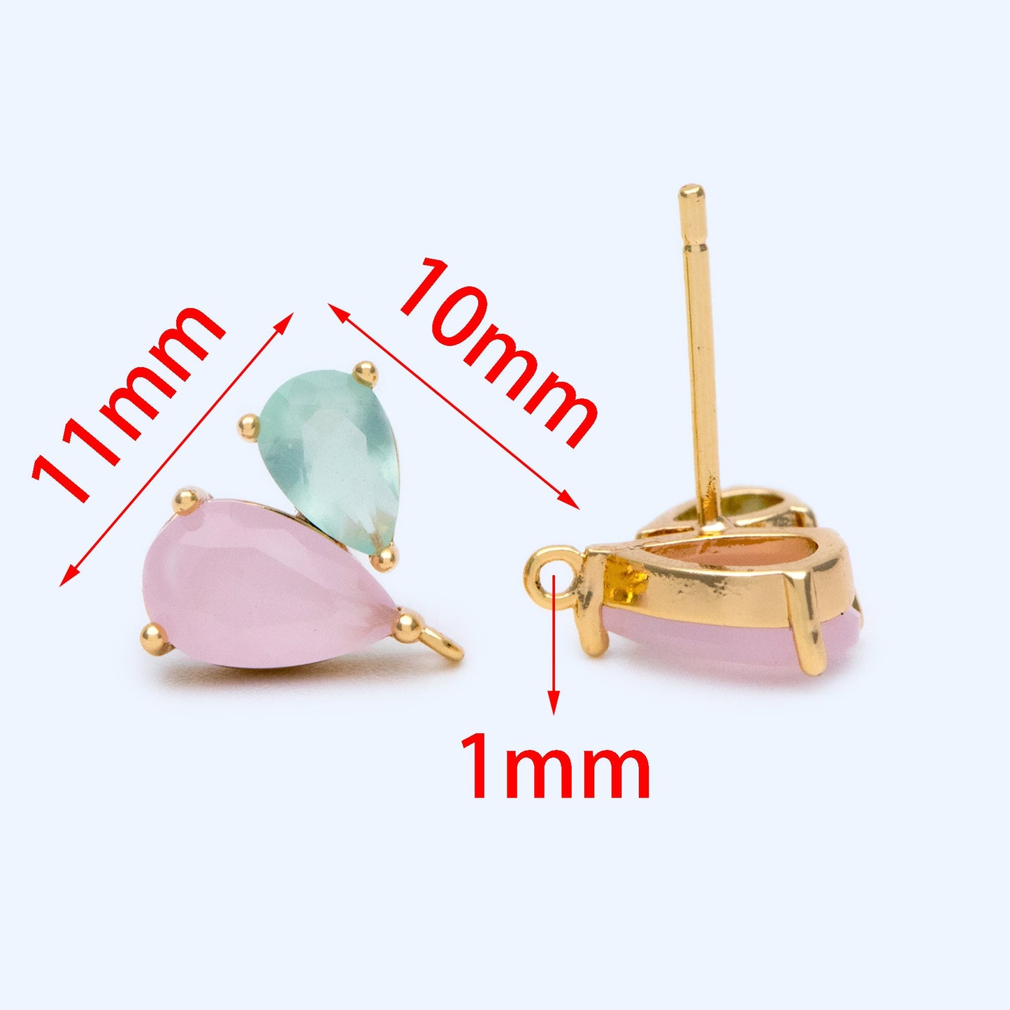 4pcs Rhinestone Teardrop Earring Posts 11x10mm, 18K Gold Plated Brass, Crystal Stud Earrings (#GB-1258)