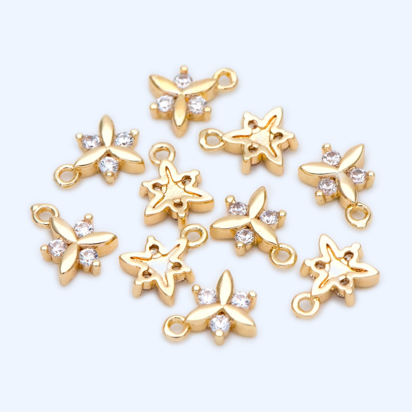 10pcs Gold plated Brass Flower Charms 8x6mm, CZ Pave Mini Clover Pendants (GB-1762-D)