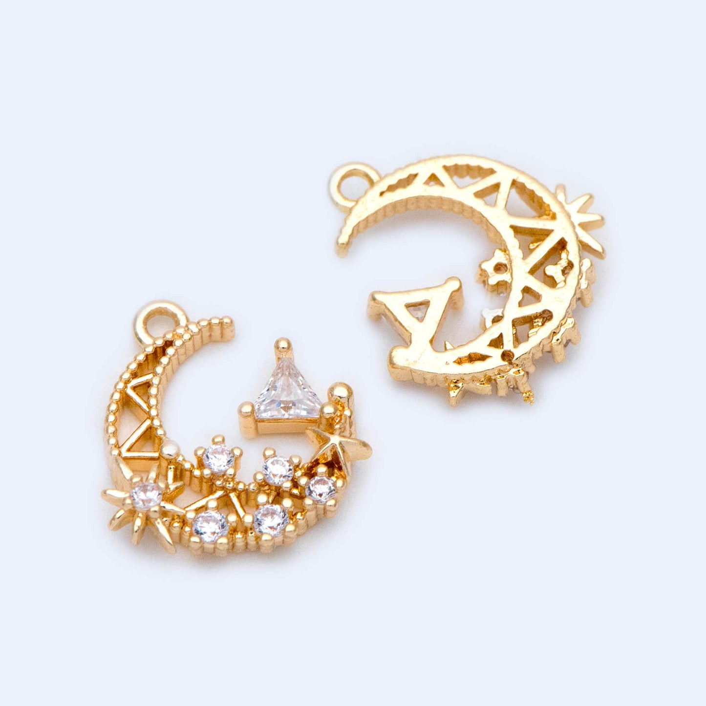 4pcs CZ pave Gold Moon Charms 16x15mm, 18K Gold plated Brass Moon Pendants (GB-2433-L)