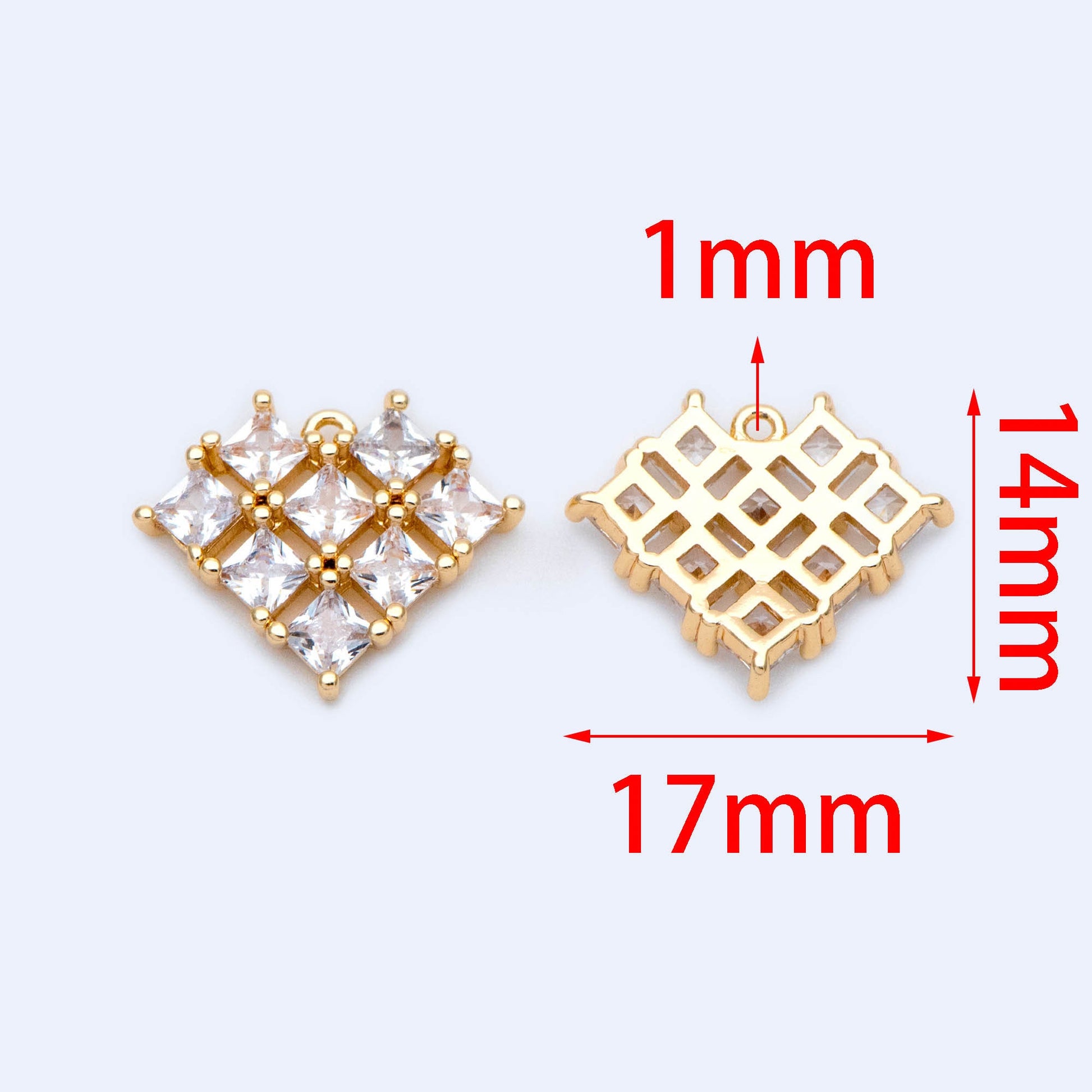 4pcs CZ pave Gold Heart Charms 14x17mm, Gold Plated Brass Heart Pendants (GB-2782-K)