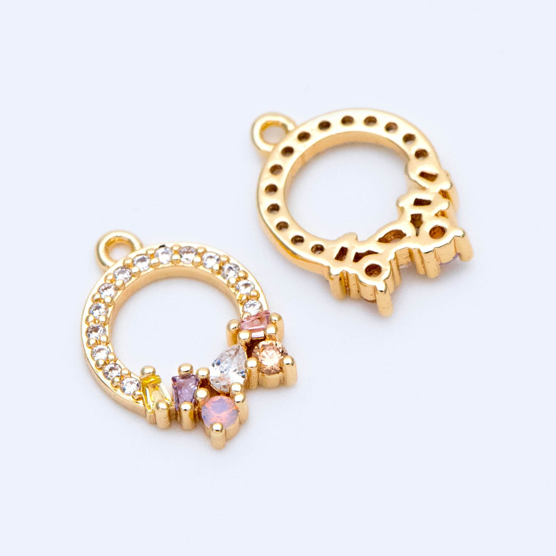 4pcs CZ Pave Gold Circle Charms 15x10.5mm, Real Gold plated Brass (GB-718-K)