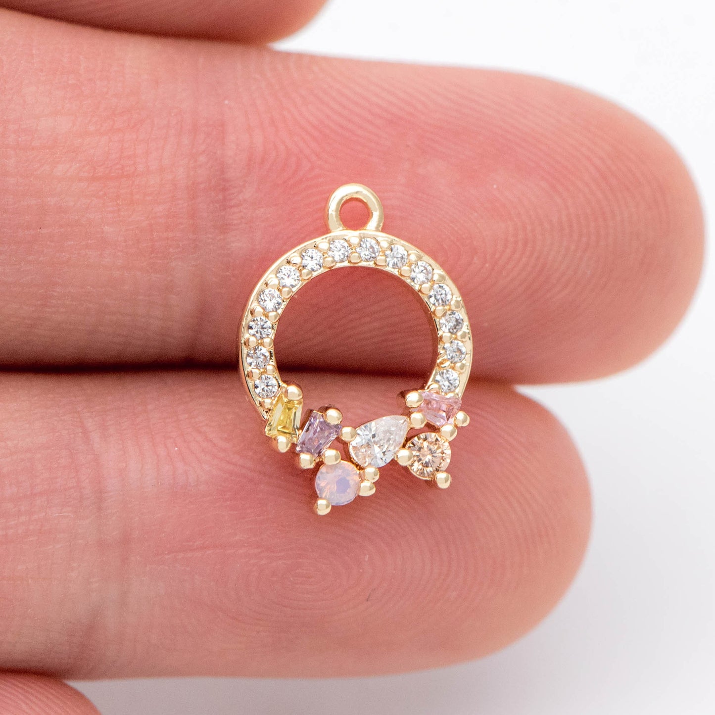 4pcs CZ Pave Gold Circle Charms 15x10.5mm, Real Gold plated Brass (GB-718-K)
