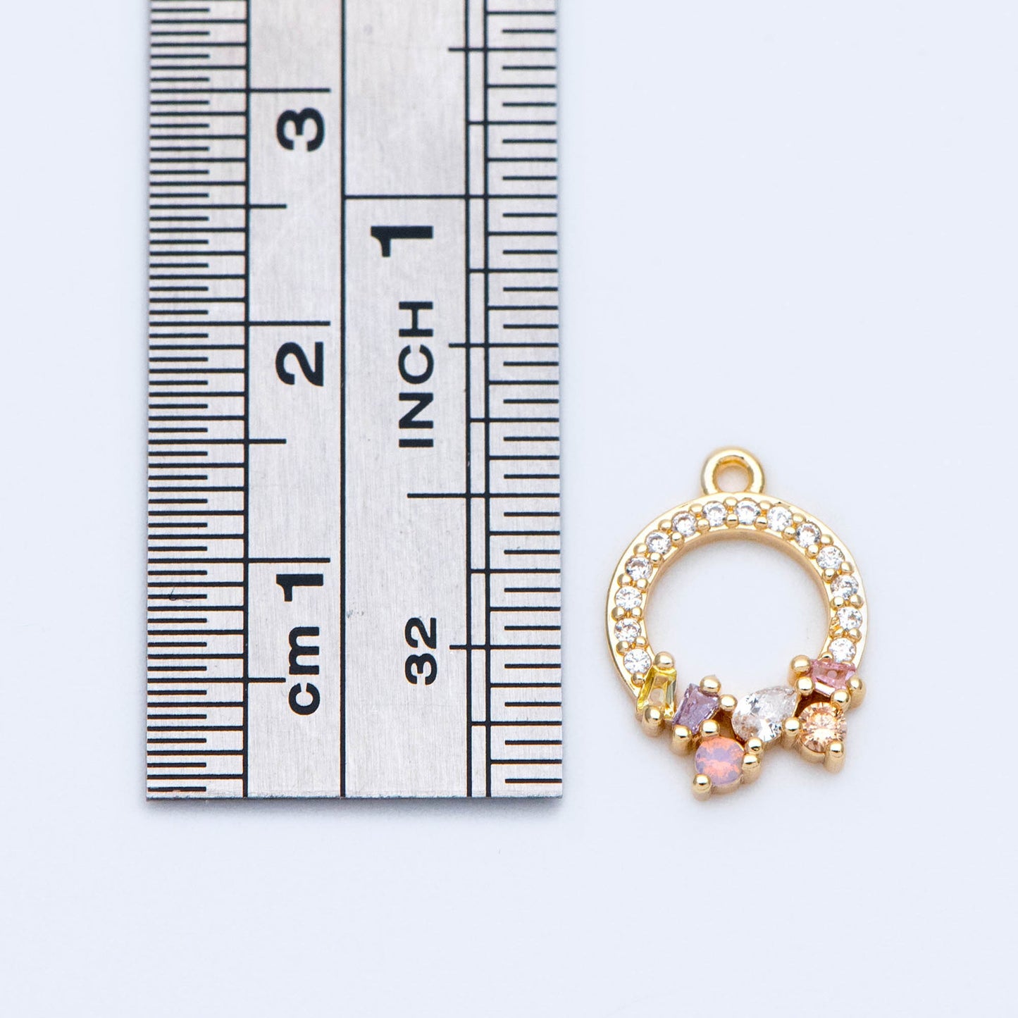 4pcs CZ Pave Gold Circle Charms 15x10.5mm, Real Gold plated Brass (GB-718-K)