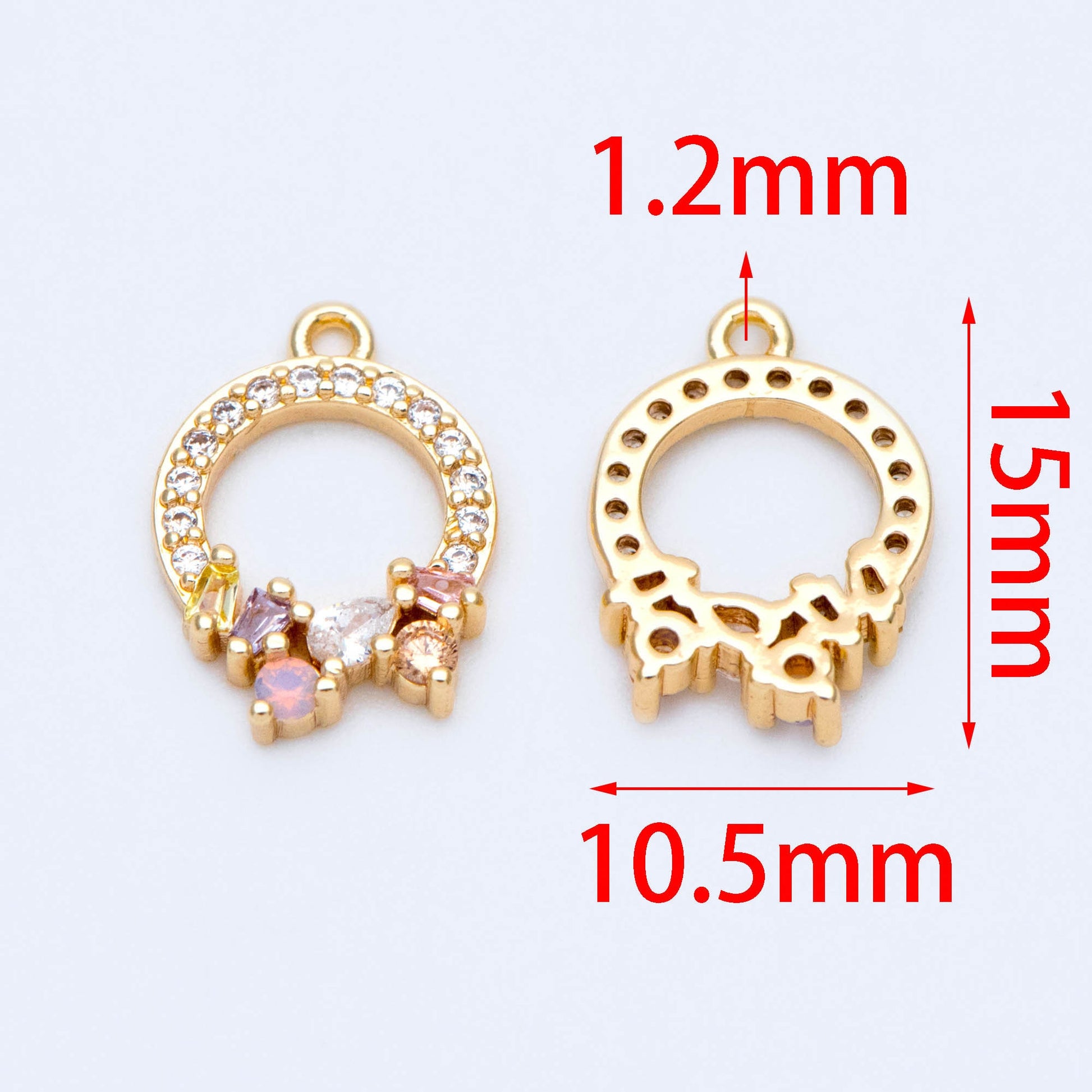 4pcs CZ Pave Gold Circle Charms 15x10.5mm, Real Gold plated Brass (GB-718-K)