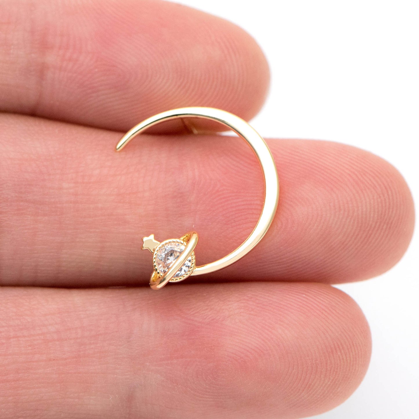 10pcs CZ Pave Saturn Ear Posts 17mm, Real Gold Plated Brass Stud Earrings (#GB-1127)