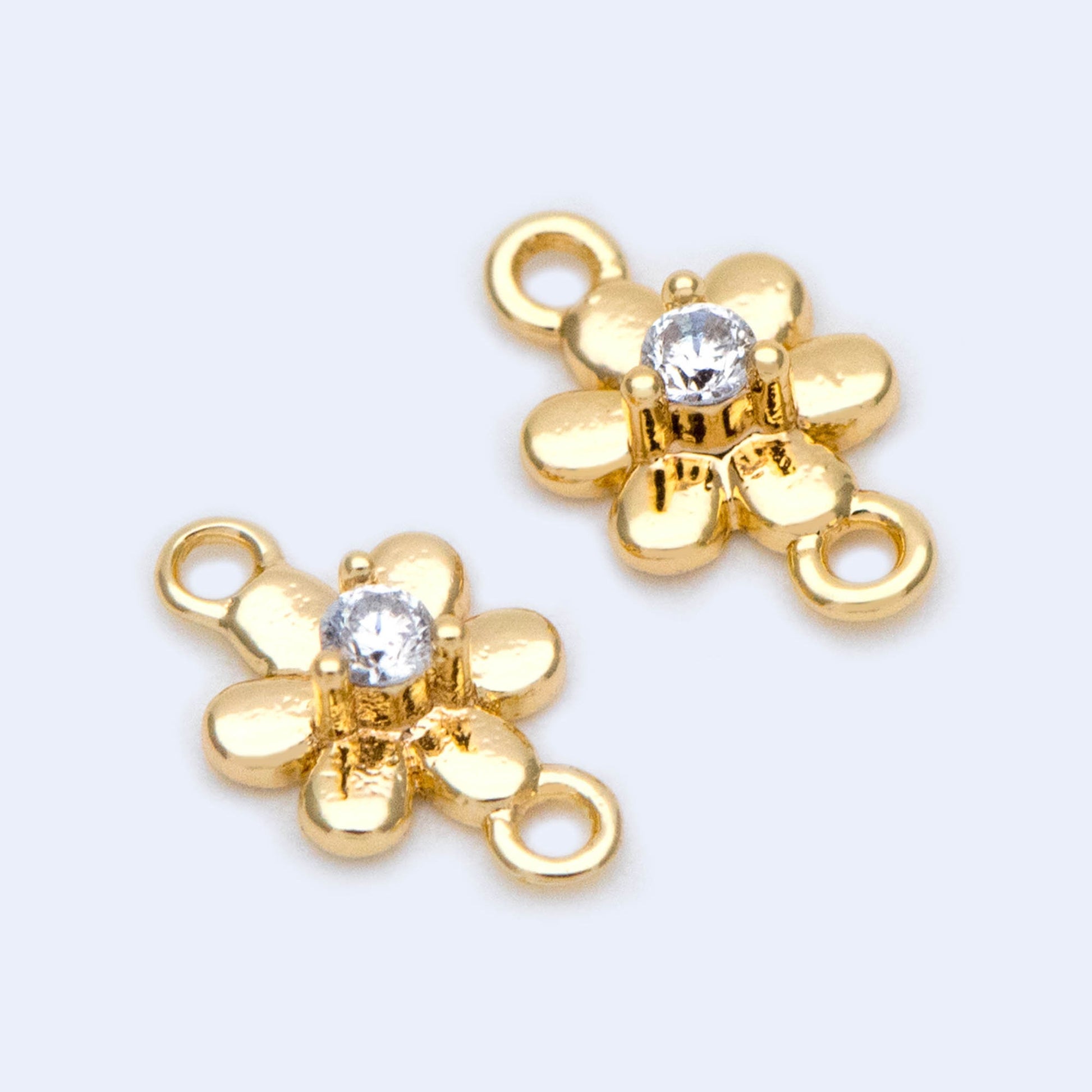 10pcs CZ Pave Gold flower Charm Connectors 9x5mm, 18K Gold plated Brass (GB-3780-A)