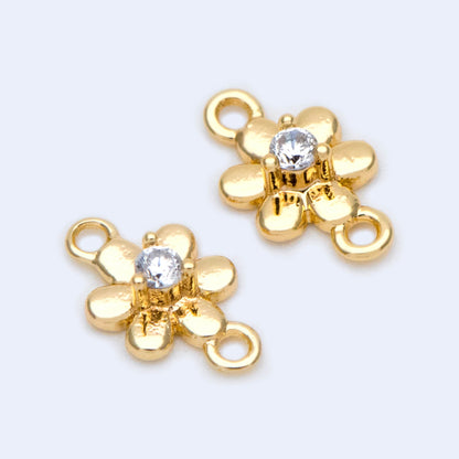 10pcs CZ Pave Gold flower Charm Connectors 9x5mm, 18K Gold plated Brass (GB-3780-A)