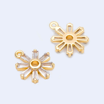 10pcs CZ Pave Gold Round flower Charms 12x10mm, 18K Gold plated Brass, Disk Sun Pendants (GB-1144)
