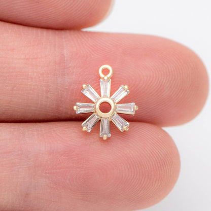 10pcs CZ Pave Gold Round flower Charms 12x10mm, 18K Gold plated Brass, Disk Sun Pendants (GB-1144)