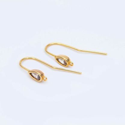10pcs Gold Plated Teardrop Earring Hooks: CZ Pave Brass Earwires, 22mm (GB-1125-C)