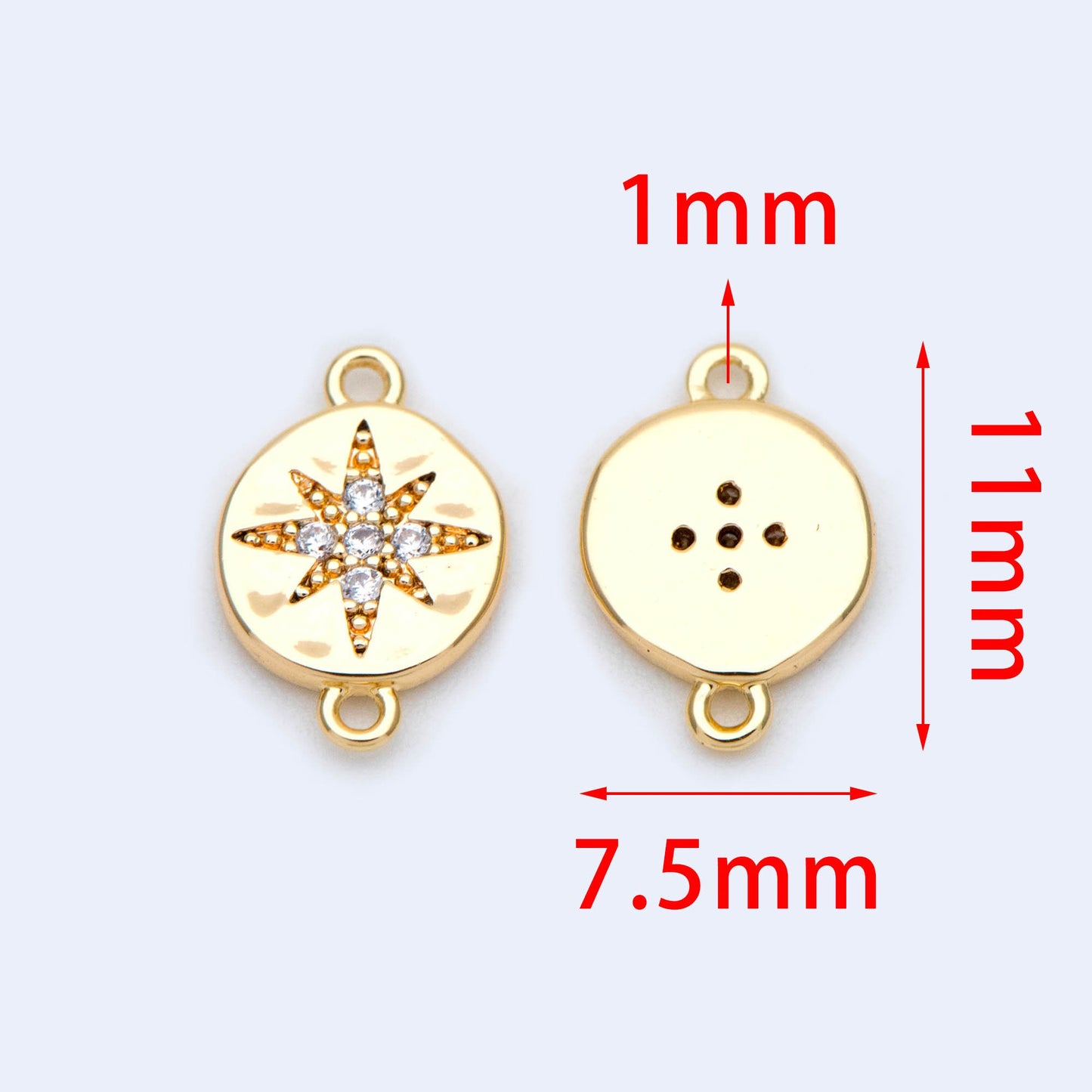 10pcs CZ Pave Gold Coin Star Connectors 11x7.5mm, 18K Gold plated Brass, North Star Charm (GB-1128)