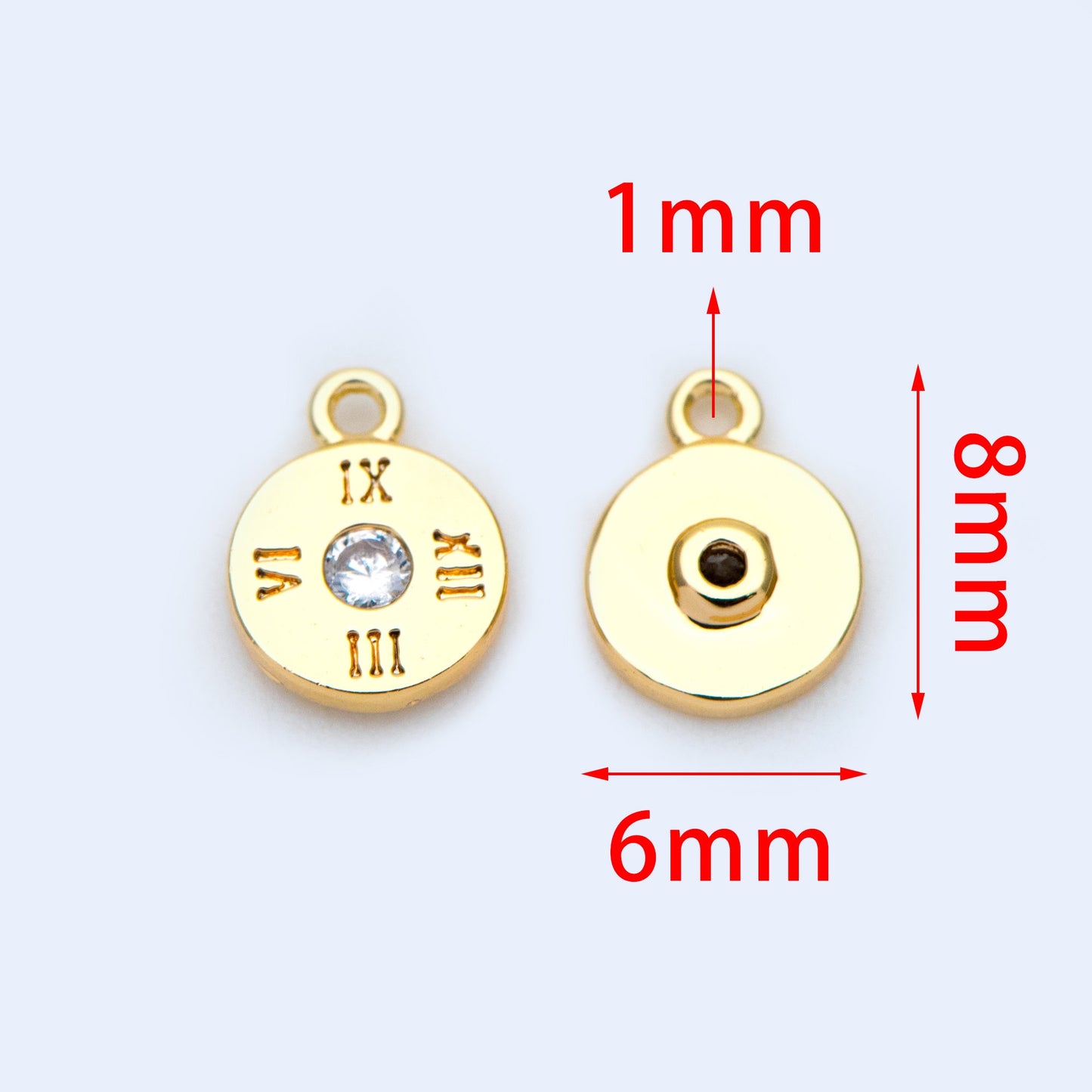 10pcs Gold plated Brass Disc Charms 8x6mm, CZ Pave dial plate charm (GB-1108)