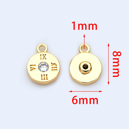 10pcs Gold plated Brass Disc Charms 8x6mm, CZ Pave dial plate charm (GB-1108)