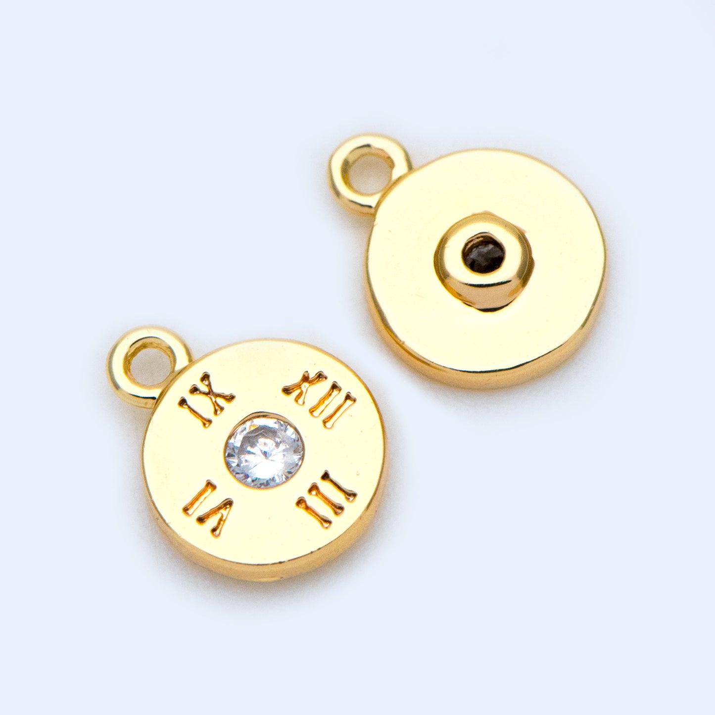 10pcs Gold plated Brass Disc Charms 8x6mm, CZ Pave dial plate charm (GB-1108)