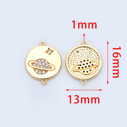4pcs CZ Pave Gold Coin Connectors 16x13mm, 18K Gold plated Brass, Saturn And Star Charm Pendants (GB-1221-C)