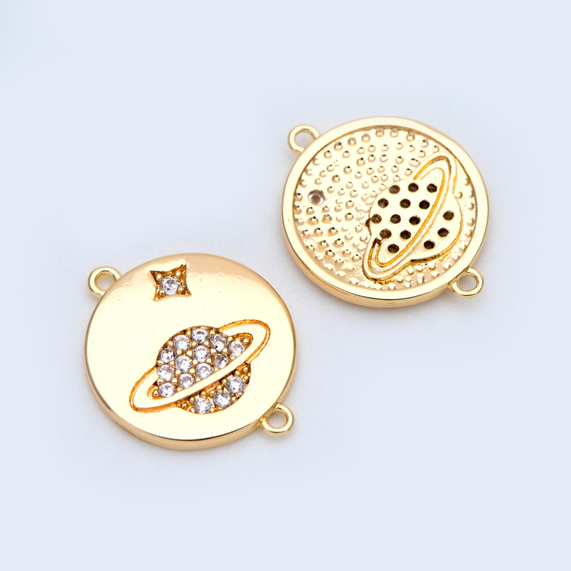 4pcs CZ Pave Gold Coin Connectors 16x13mm, 18K Gold plated Brass, Saturn And Star Charm Pendants (GB-1221-C)