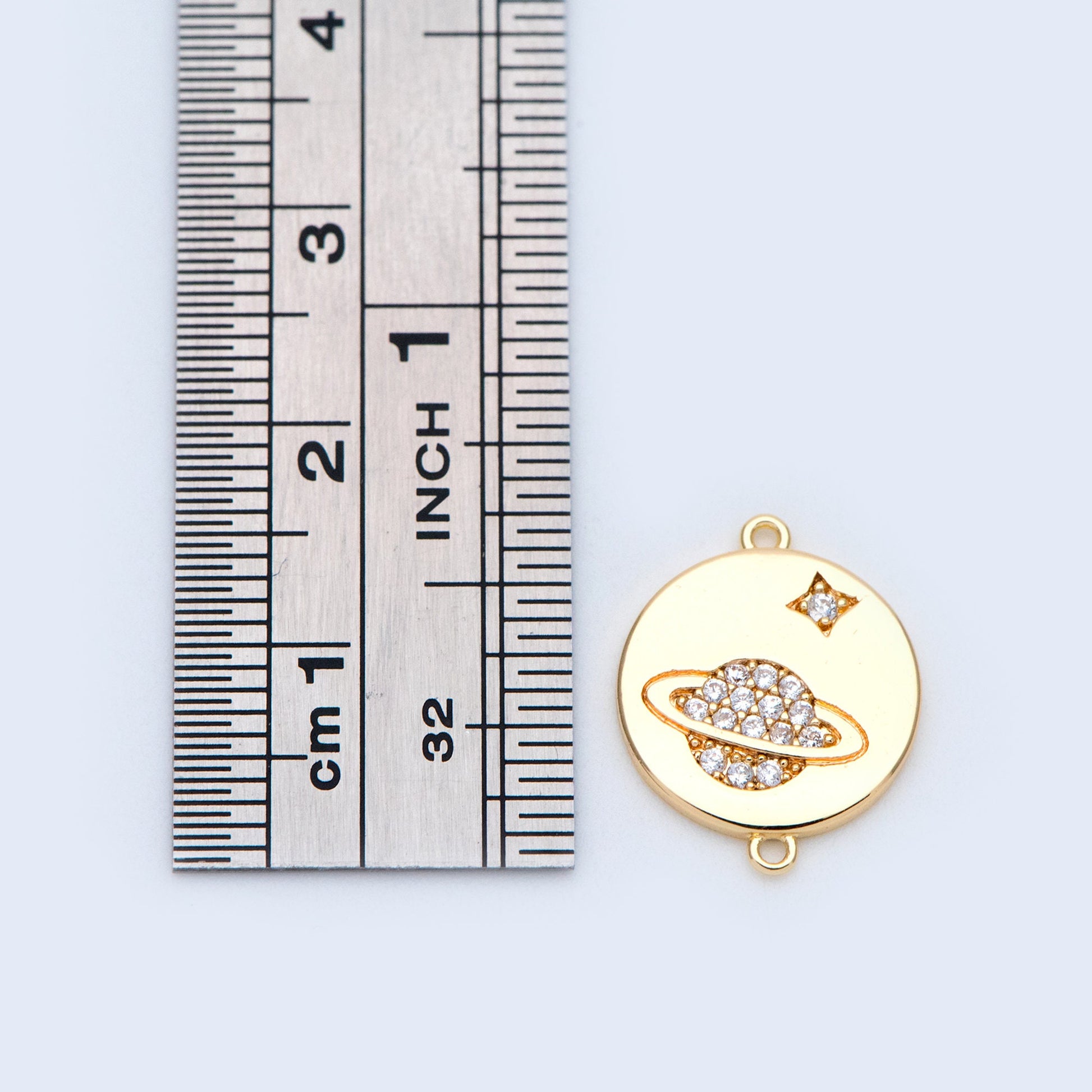 10pcs CZ Pave Gold Coin Connectors 16x13mm, 18K Gold plated Brass, Saturn And Star Charm Pendants (GB-1110)