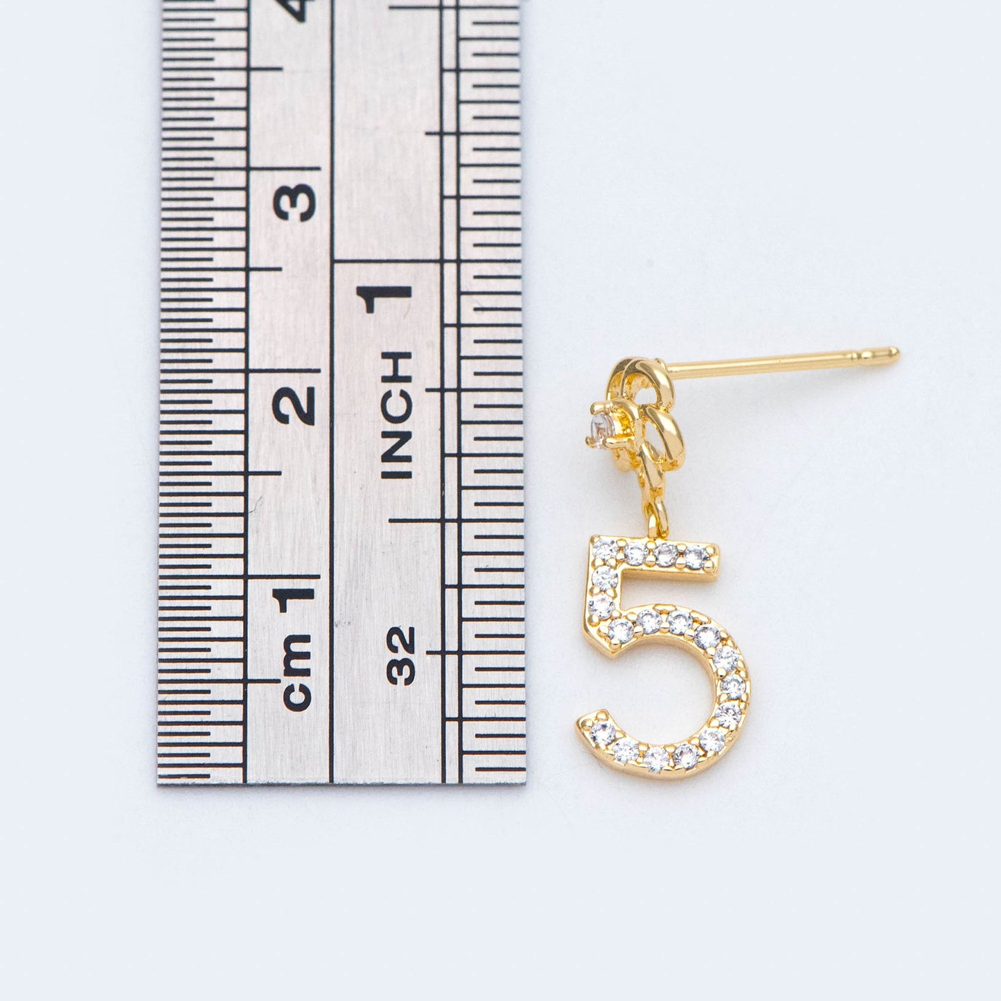 4pcs CZ Pave Flower And Five Charms Ear Posts 20x8mm, Real Gold Plated Brass Stud Earrings (#GB-1123)