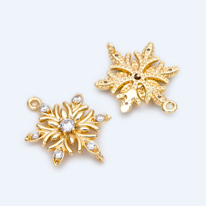 4pcs CZ Pave Gold Snowflake Connectors 18x13.5mm, Rhinestone Flower Charms, Real Gold Plated Brass Findings (GB-3486-L)