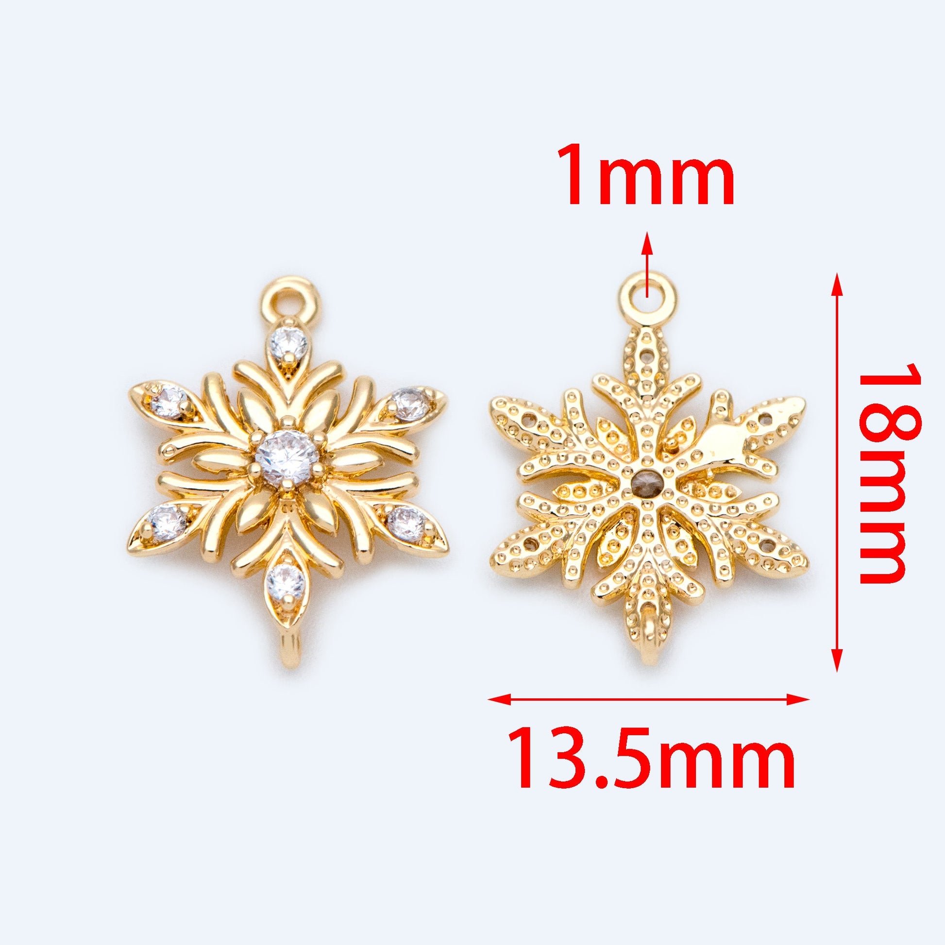 4pcs CZ Pave Gold Snowflake Connectors 18x13.5mm, Rhinestone Flower Charms, Real Gold Plated Brass Findings (GB-3486-L)