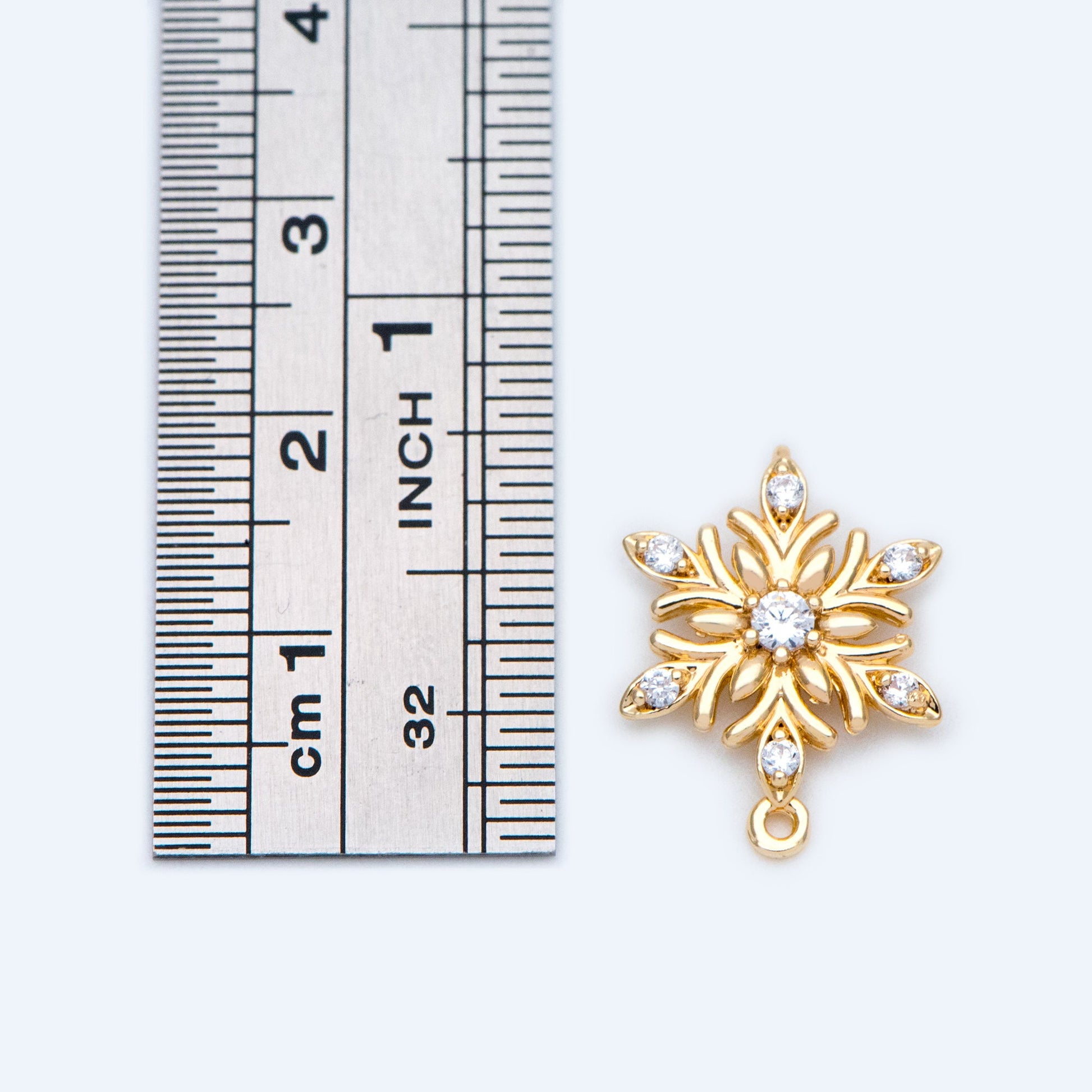 4pcs CZ Pave Gold Snowflake Connectors 18x13.5mm, Rhinestone Flower Charms, Real Gold Plated Brass Findings (GB-3486-L)