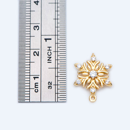 4pcs CZ Pave Gold Snowflake Connectors 18x13.5mm, Rhinestone Flower Charms, Real Gold Plated Brass Findings (GB-3486-L)