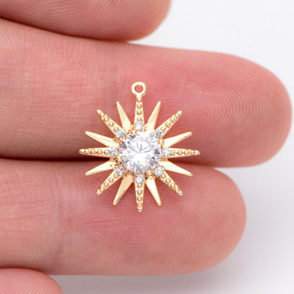 4pcs CZ Pave Gold Sun Charms 16x15mm, 18K Gold plated Brass, Sun Pendants (GB-1311-K)