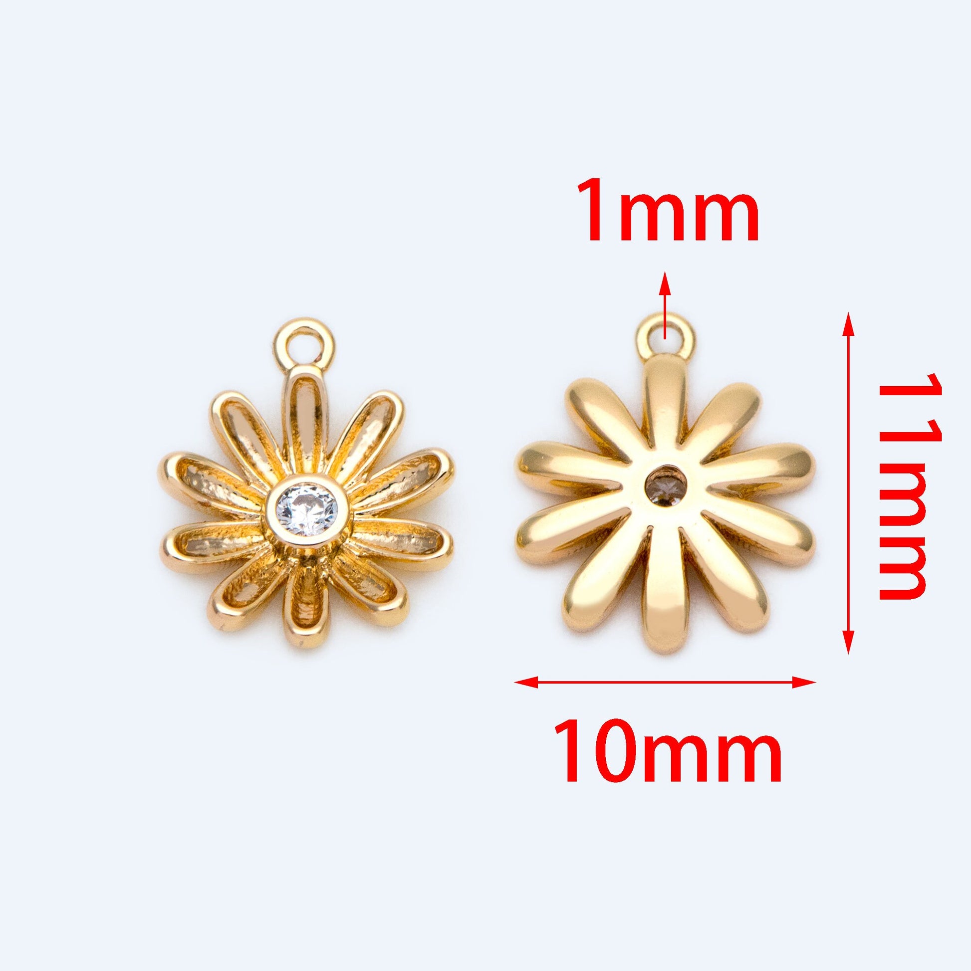 4pcs Gold CZ Flower Charms 11x10mm, 18K Real Gold plated Brass, Floral Earring Pendants (GB-321-F)