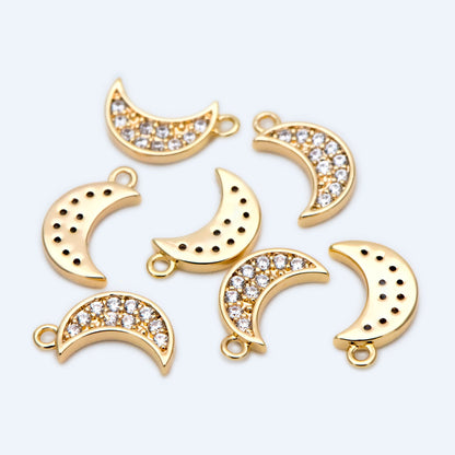 10pcs CZ pave Gold Moon Charms 15mm, 18K Gold plated Brass Moon Pendants (GB-618-C)