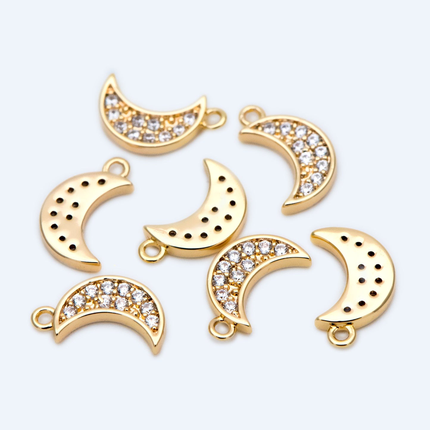 10pcs CZ pave Gold Moon Charms 15mm, 18K Gold plated Brass Moon Pendants (GB-618-C)