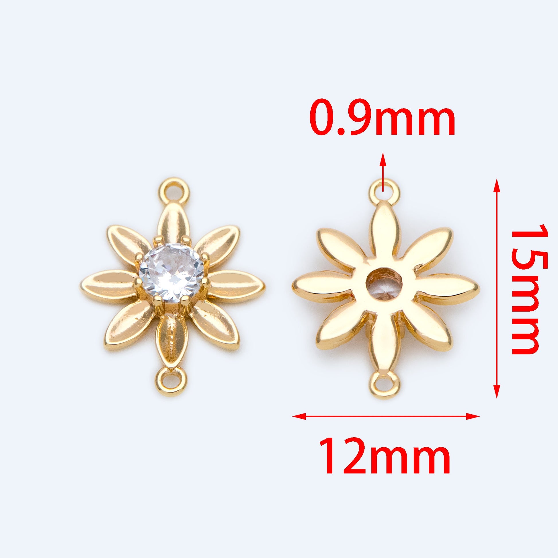 10pcs CZ Pave Gold Flower Charms 12x15mm, 18K Gold plated Brass, Floral Connector Pendants (GB-3780-I)