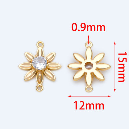 10pcs CZ Pave Gold Flower Charms 12x15mm, 18K Gold plated Brass, Floral Connector Pendants (GB-3780-I)
