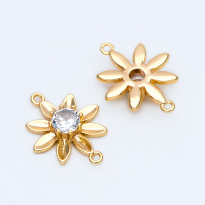 10pcs CZ Pave Gold Flower Charms 12x15mm, 18K Gold plated Brass, Floral Connector Pendants (GB-3780-I)