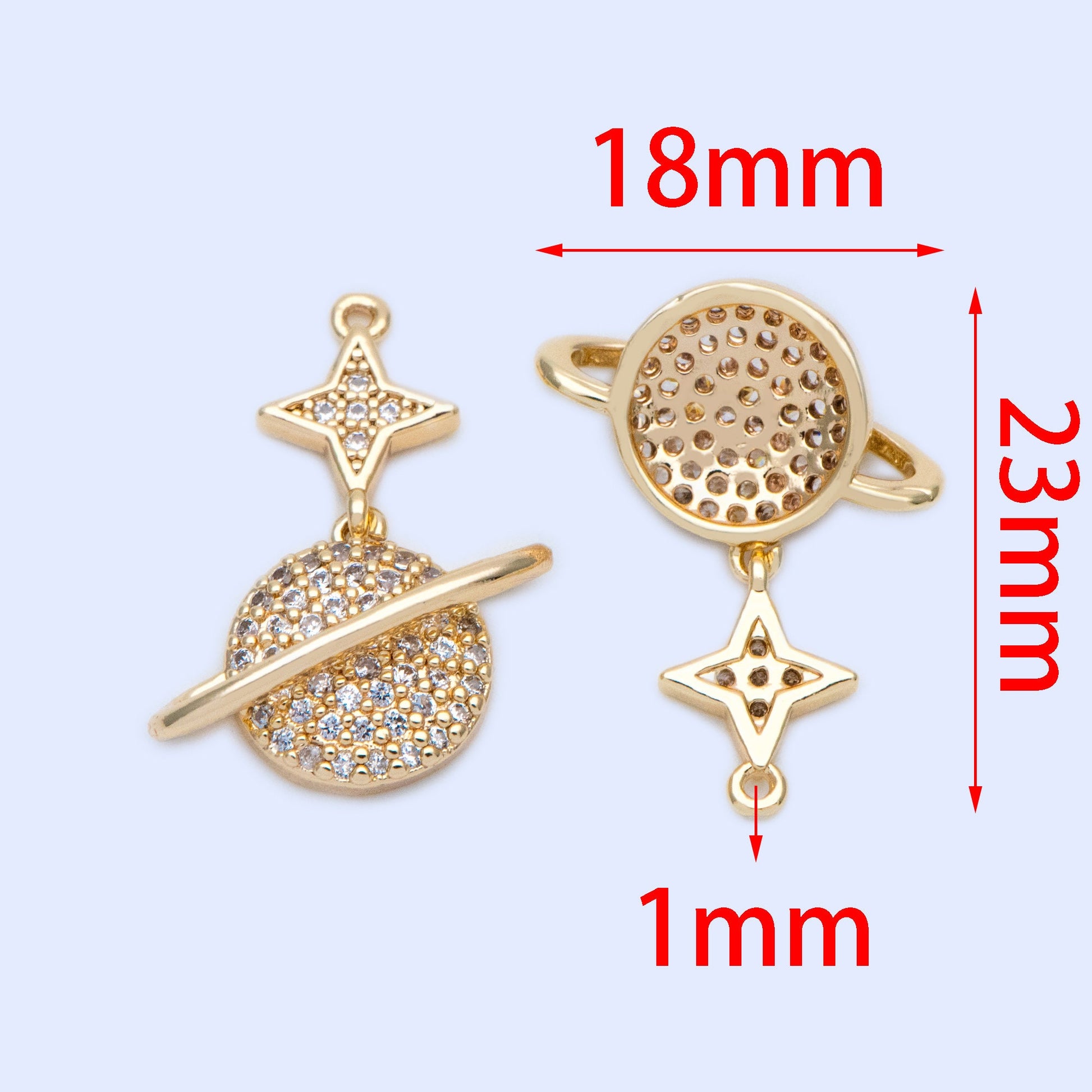 4pcs CZ Pave Gold Star and Saturn Charms 23x18mm, 18K Gold plated Brass, Saturn Pendants (GB-1173-B)