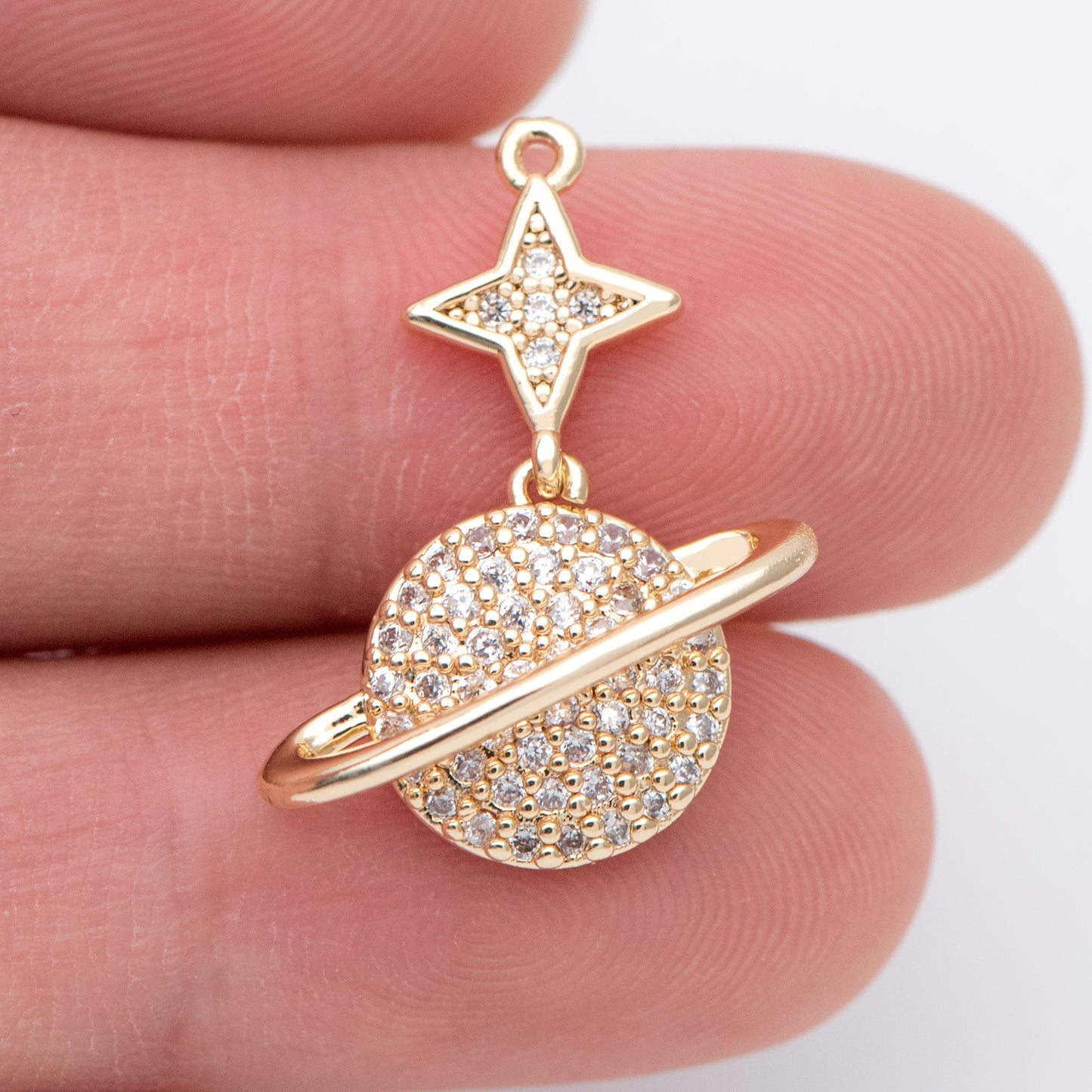 4pcs CZ Pave Gold Star and Saturn Charms 23x18mm, 18K Gold plated Brass, Saturn Pendants (GB-1173-B)